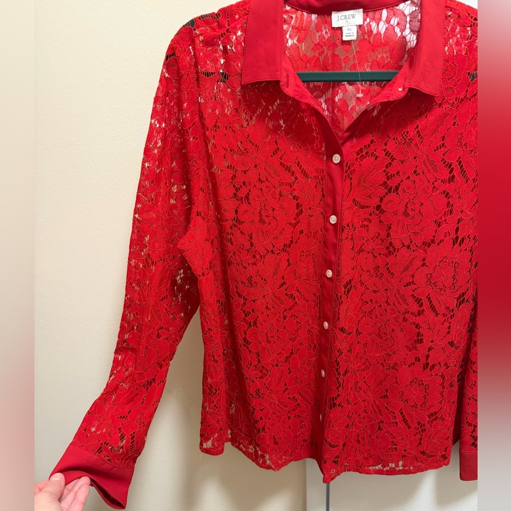 J. Crew Factory XL Red Lace Shirt Blouse with Matching Camisole - Picture 3 of 6